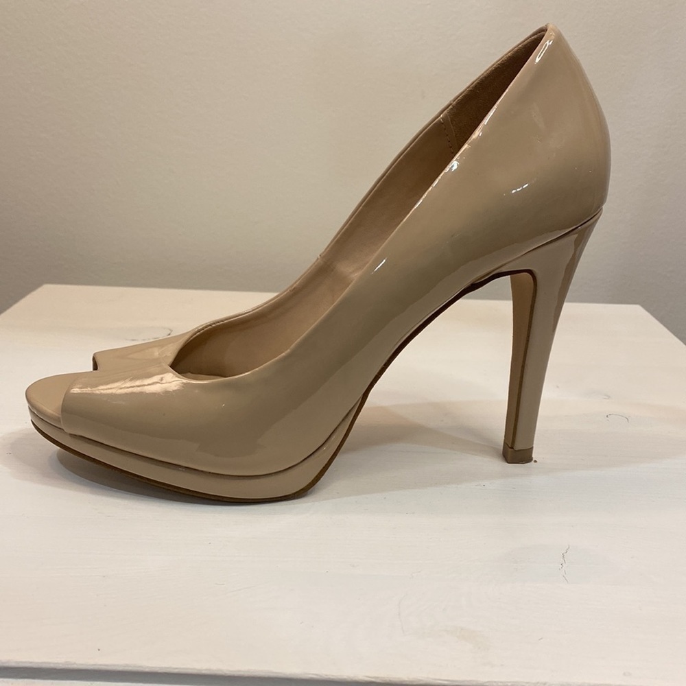 Shiny Nude Peep Toe Heels - Picture 4 of 15